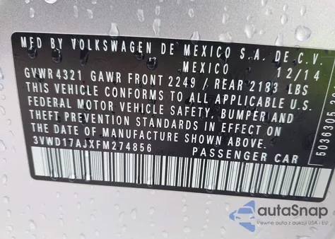 2015 Volkswagen Jetta 1.8T Se z USA, uszkodzony, nr VIN 3VWD17AJXFM274856